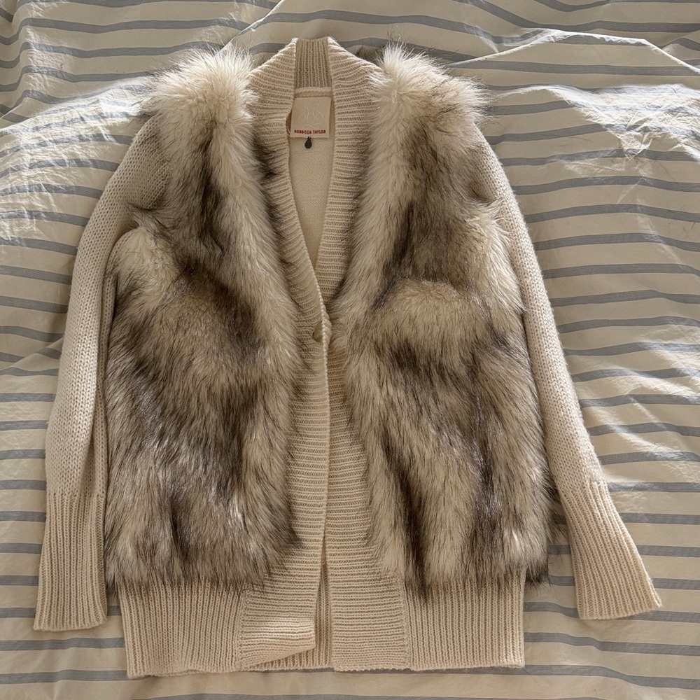 Rebecca Taylor Cream Cardigan with Faux Fur Trim